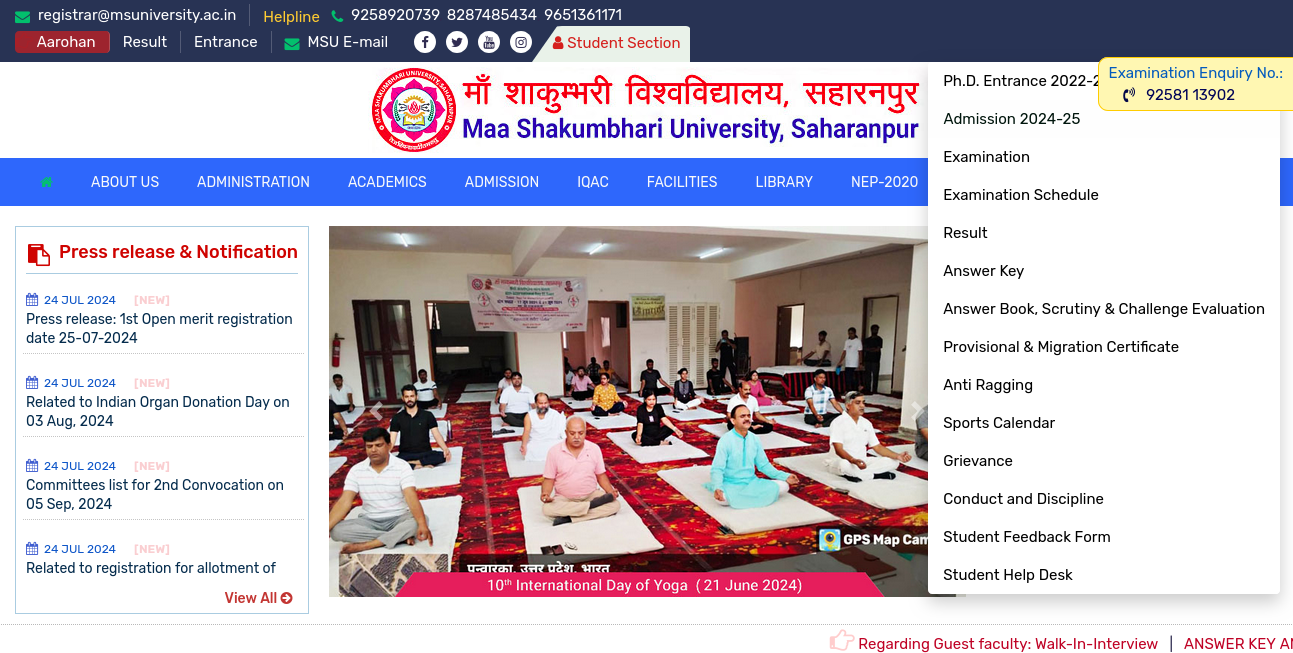 Maa Shakumbhari University MSU Result 2024 OUT