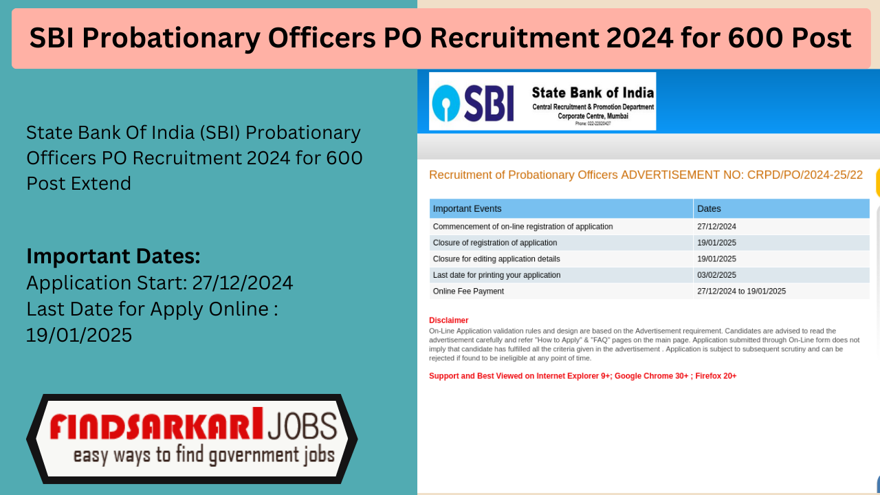 SBI Probationary Officers PO Recruitment 2024 for 600 Post Extend