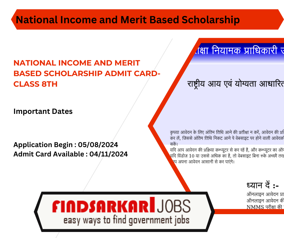 National Income and Merit Based Scholarship Admit Card- class 8th