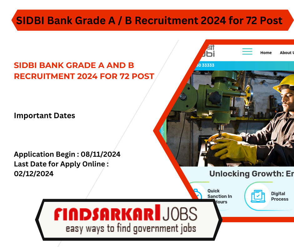 SIDBI Bank Grade A and B Recruitment 2024 for 72 Post