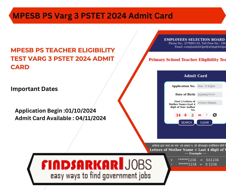 MPESB PS Teacher Eligibility Test Varg 3 PSTET 2024 Admit Card