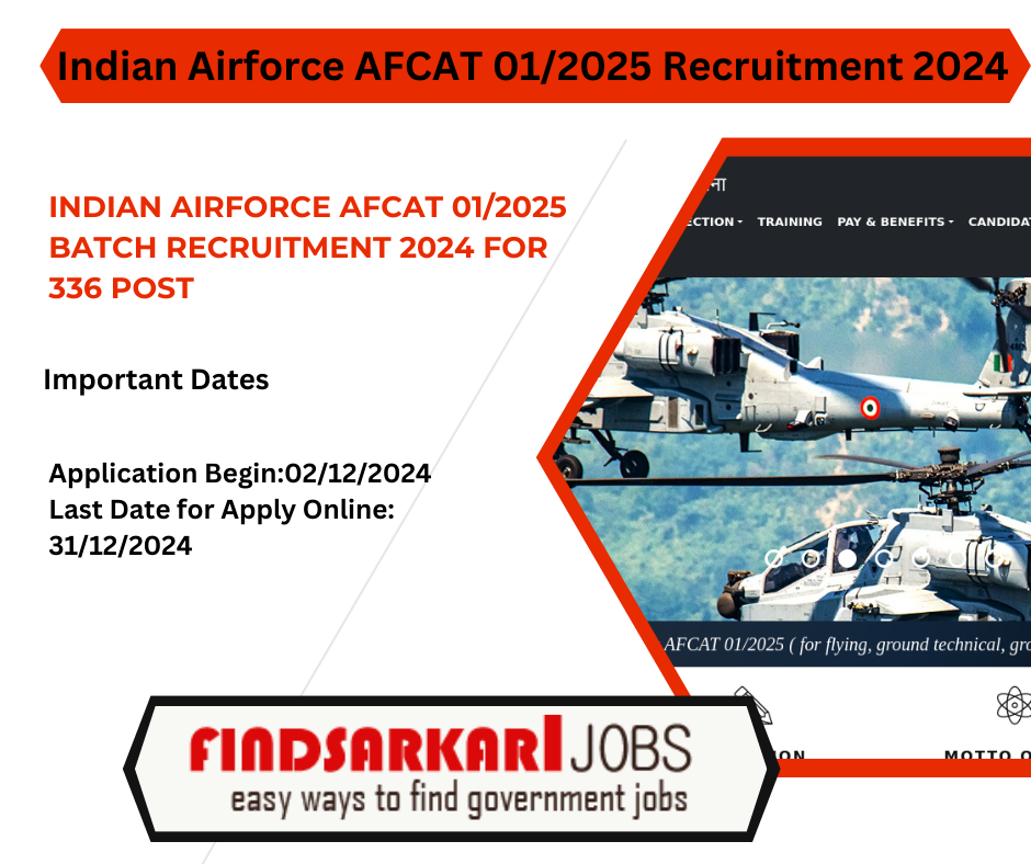 Indian Airforce AFCAT 01/2025 Batch Recruitment 2024 for 336 Post