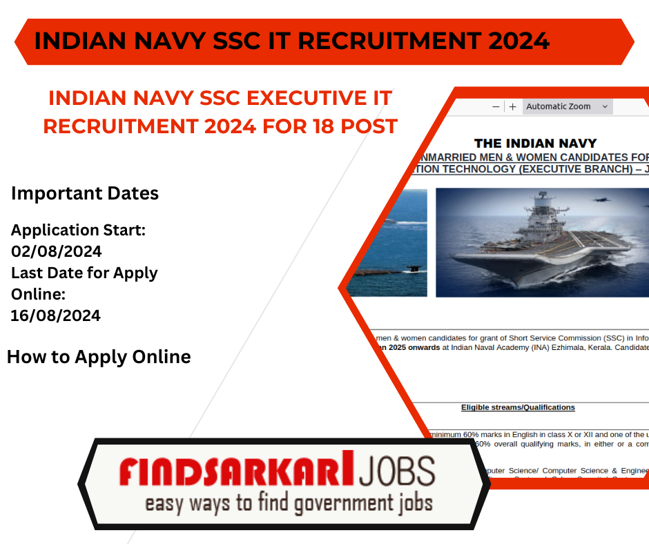 Indian Navy SSC Executive IT Recruitment 2024 for 18 Post