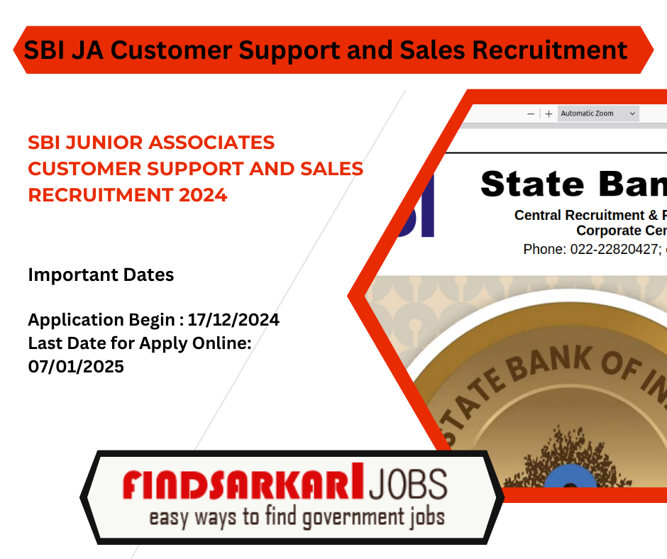 SBI Junior Associates Customer Support and Sales Recruitment 2024